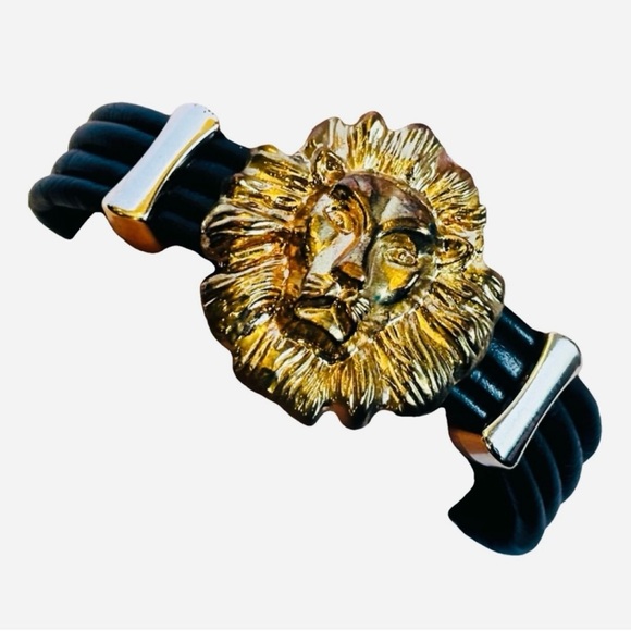 Fine Art Black Leather Gold Metal Bracelet Lion Medusa Designer Runway Vintage - Picture 12 of 12
